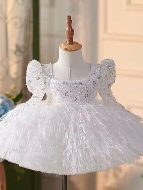 White Sequin & Feather Princess Dress for Kids